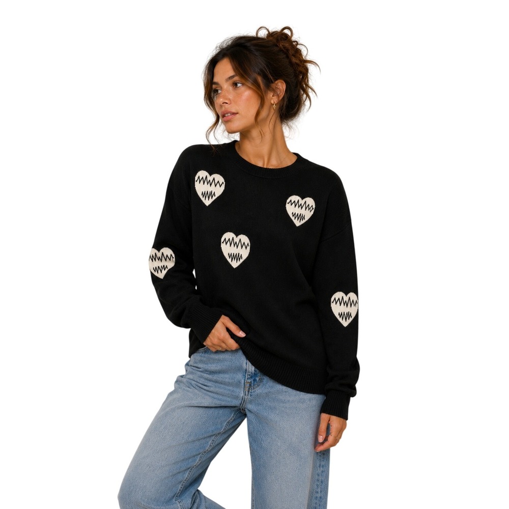 Easel Los Angeles Black Heart Print Knit Sweater Pullover Size Medium